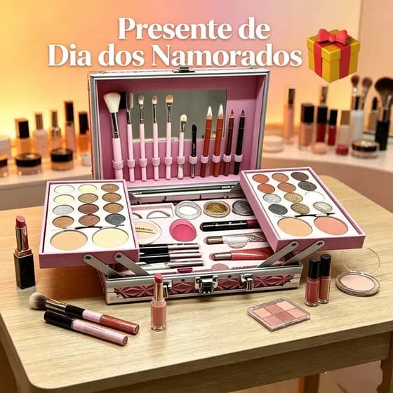 Maleta Completa de Maquiagem Luxo Presente Dia dos Namorados Sombra Blush Iluminador Cores Dourado Prata Rosa