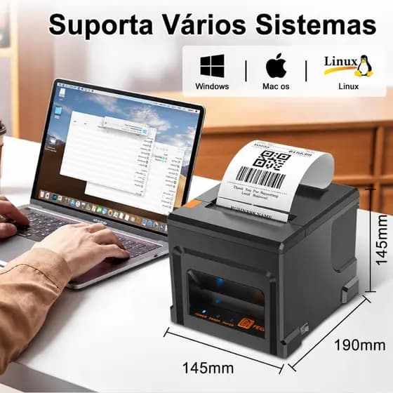 Impressora de etiquetas termossensíveis de 80 mm, preta, com Bluetooth e USB, impressão sem tinta