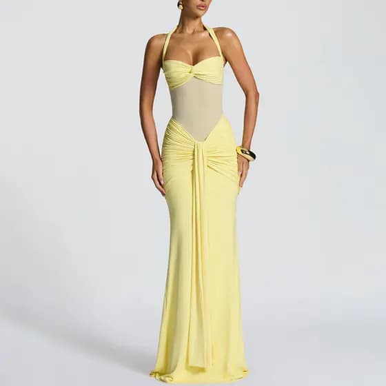 Novo estilo Halterneck rendas gaze costura Streamer saia longa vestido estilo vestido