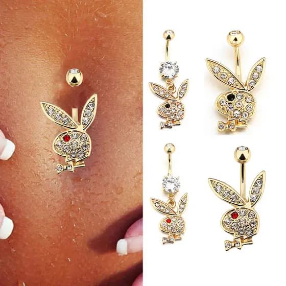 1 peça de anel de umbigo de cristal dourado, adequado para mulheres e meninas, com um pingente de coelho de desenho anim