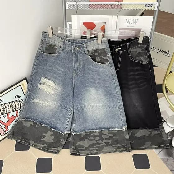 AcupStudio Jiang Superior Direito Americano Retro Lavado Cropped Rasgado Calças de Perna Larga Reta Jeans de Cintura Alt