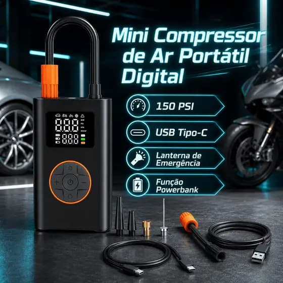 Compressor de Ar Portátil Digital 150 PSI Recarregável Inflador Pneu Carro Moto Bicicleta Bola