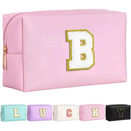Bolsa de maquiagem feminina, bolsa de maquiagem personalizada com inicial, organizador de viagem à prova d'água em couro