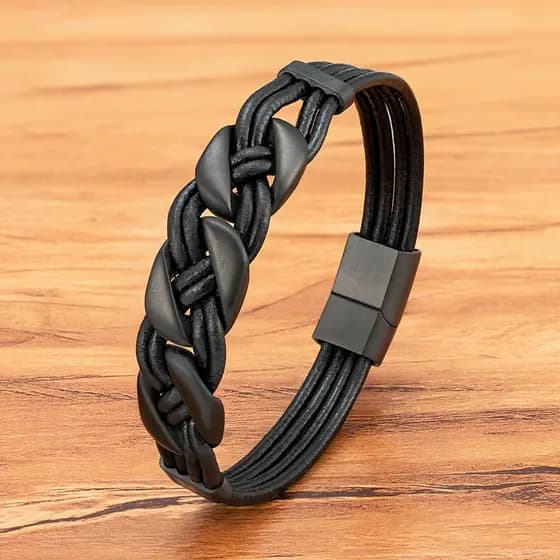 Charme Preto Trançado Pulseira De Couro Para Homens Fecho De Aço Inoxidável Punk Homme Pulseiras Acessórios Clássicos Jó