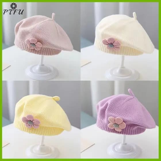PTFU > Flor Bebê Boina Chapéu Cor Sólida Inverno Quente Malha Gorro Para Meninas Infantis Coreano Criança Princesa Artis