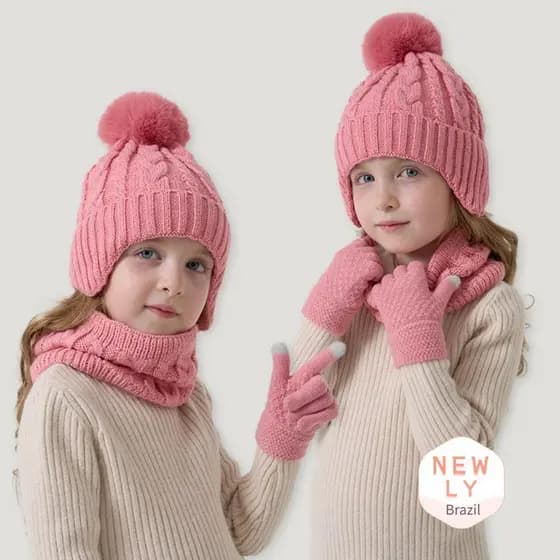 LIAYING Gorro Infantil , Conjunto De Luvas E Cachecol Para Crianças De 3 A 10 Anos , Chapéus De Malha Com Pompom Grosso