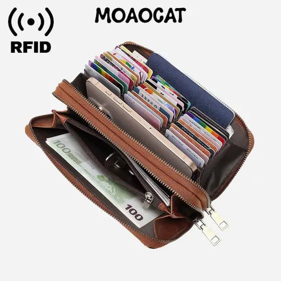 Carteira Feminina com Bloqueio RFID, Zíper Duplo, Porta-Cartões em Acordeão, Clutch Vintage de Grande Capacidade