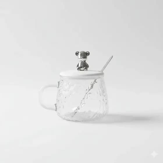 Caneca De Vidro Bear Ursinho Com Tampa E Colher Cor Transparente