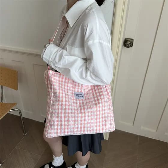 Nova bolsa de ombro, adequada para passeios, bolsa de lona, de viagem xadrez de verão, bolsa de ombro texturizada.