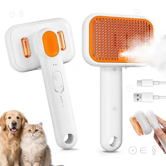 Escova a Vapor 3 em 1 para Cães e Gatos - Ferramenta Recarregável para Remoção de Pelos com Névoa Suave, Autolimpeza e P