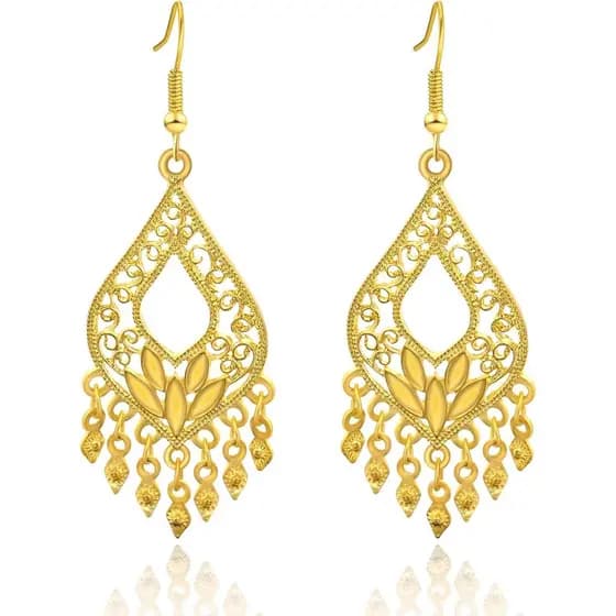 Brincos Pendentes em Filigrana Banhados a Ouro 18K - Joias Boho Indianas - Design de Lustre Longo - Latão Banhado a Ouro