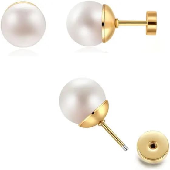 Brincos de Pérola para Mulheres, Brincos de Pérola com Fecho de Rosca Plana, Brincos de Cartilagem, Joias de Piercing em