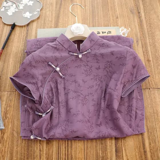Cheongsam feminino roxo estilo chinês para o verão, tamanho 2026 disponível, novo modelo de manga curta, jovial, retrô,