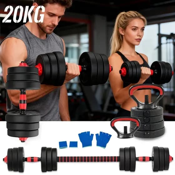 Kit de Treino Funcional 20 kg – Halteres, Barra, Supino e Kettlebell – Preto | Conjunto de Halteres e Anilhas Ajustáveis