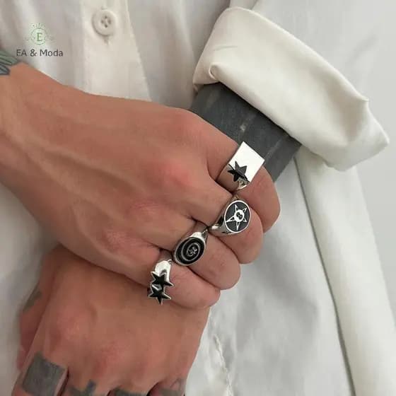 Anel Aberto Geométrico Grosso Estilo Hip-Hop com Pentagrama Preto Largo de Quatro Peças para Homens EA & Moda KISZ