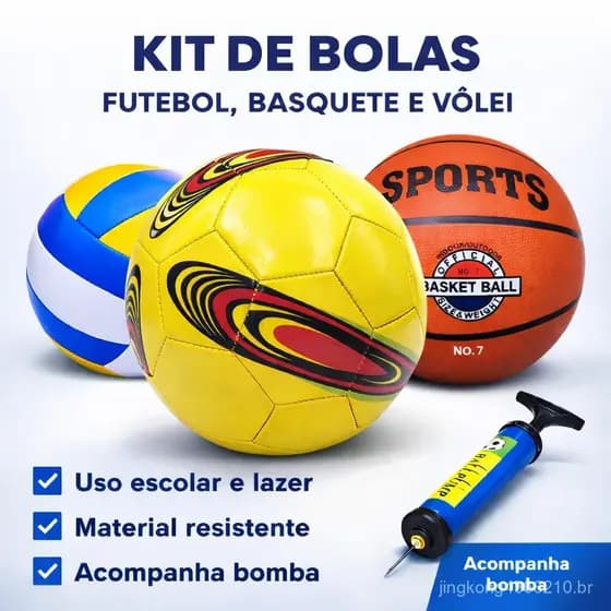 Kit com Bola e Bomba de Ar para Futebol, Vôlei ou Basquete para Praia, Quadra ou Campo