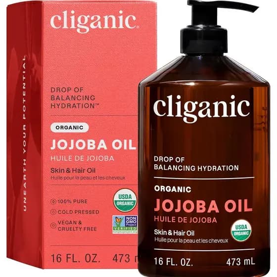 Óleo de Jojoba Orgânico Cliganic 16oz com Bomba, 100% Puro | Óleo Hidratante em Grande Quantidade para Rosto, Cabelo e U