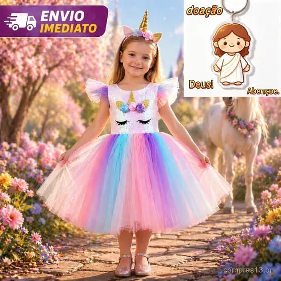 Vestido Fantasia Infantil Princesa Estilo Unicornio Carnaval Festas SEM TIARA