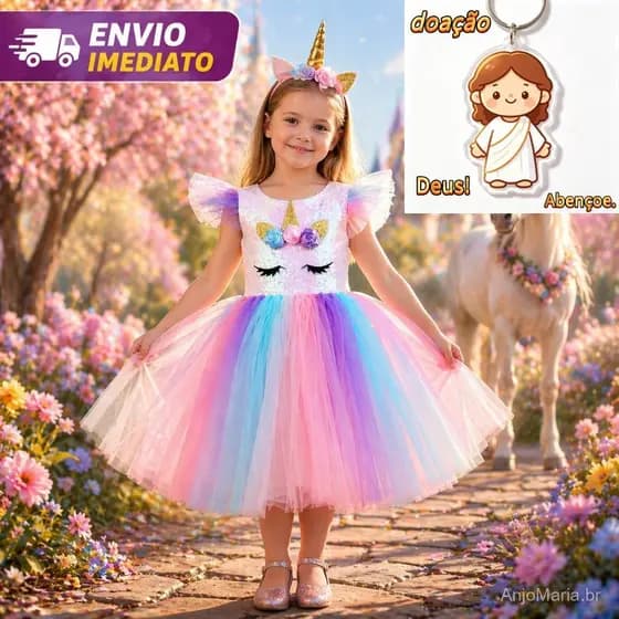 Vestido Fantasia Infantil Princesa Estilo Unicornio Carnaval Festas SEM TIARA