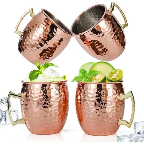 Conjunto de 4 Canecas Amrules Moscow Mule, 16 OZ, Copos de Cobre Martelado com Revestimento de Aço Inoxidável 304 e Alça