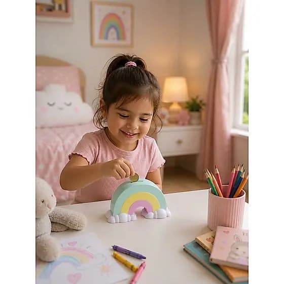 Cofrinho Arco-Íris Decorativo Grande com Nuvens | Porta Moedas Infantil