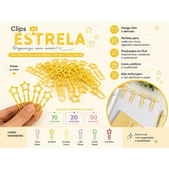 Clipes de Papel Estrela | Papelaria Delicada e Criativa 50clipes