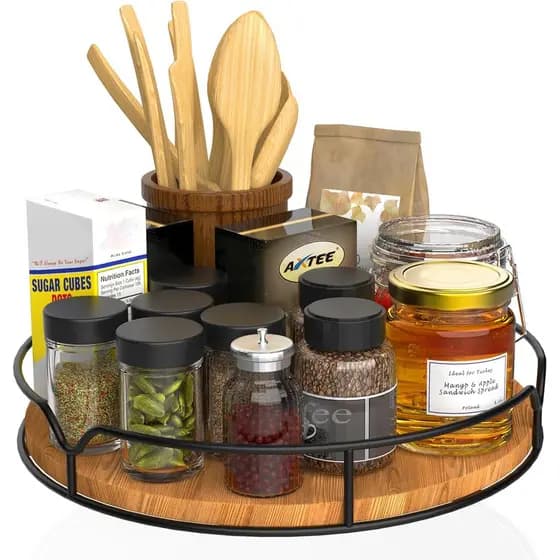 Organizador Giratório Lazy Susan para Armário, Despensa, Bancada de Cozinha, Refrigerador, Madeira de Pinheiro, 9", Pret