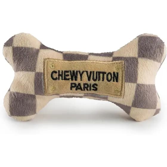 Haute Diggity Dog Brinquedo de Mastigar para Cães, Osso de Pelúcia Vuiton com Som, Macio e Durável, Inspirado em Designe