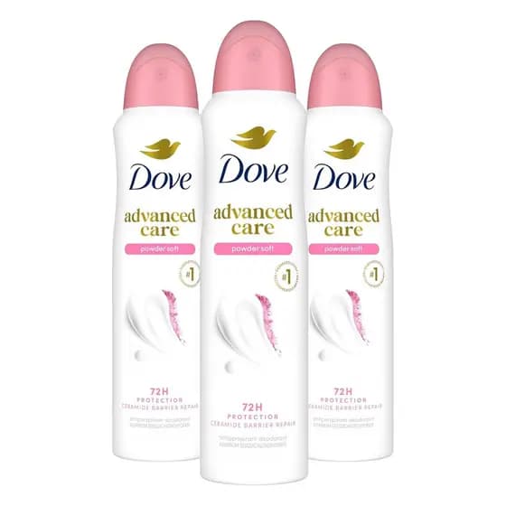Desodorante Antitranspirante em Spray Dove Advanced Care Powder Soft, 3 unidades, para ajudar na reparação da barreira c