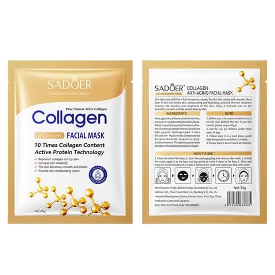 Pacote com 15 Máscaras Faciais de Colágeno SADOER, Conteúdo de Colágeno, Proteína Ativa Hidratante, 25g JQER