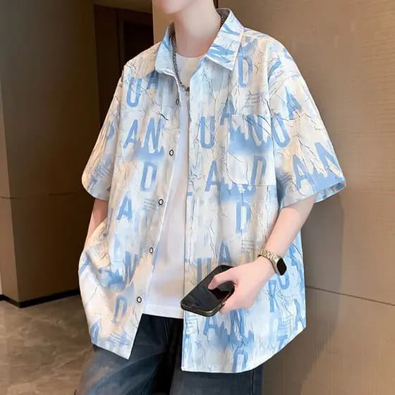 Street Wear camisa de manga curta masculina 2026 verão estilo Hong Kong leve impresso rufião bonito camisa solta