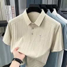 Camisa polo masculina Jacquard de meia-idade manga curta Casual lapela gelo seda camiseta topo camisa polo todos @-