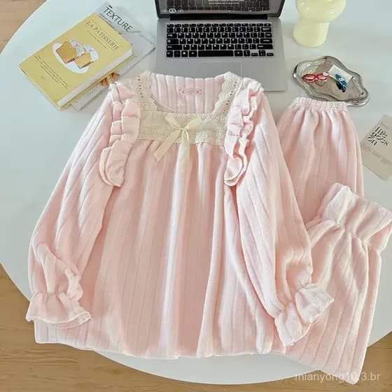 Cross-Border inverno pescoço quadrado Coral velo pijamas terno feminino primavera outono inverno renda quente mais lã es