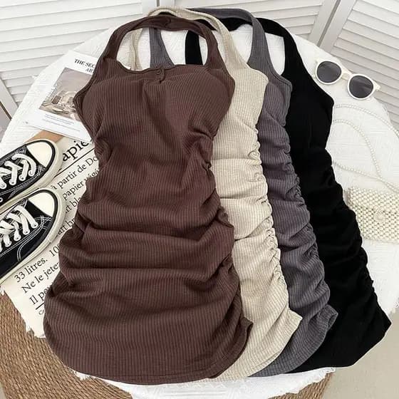 Vestido Curto Casual Vestido Tomara Que Caia Vestido Curto Verão Moda plissada Slim-fit sem mangas Halter Bottoming Saia