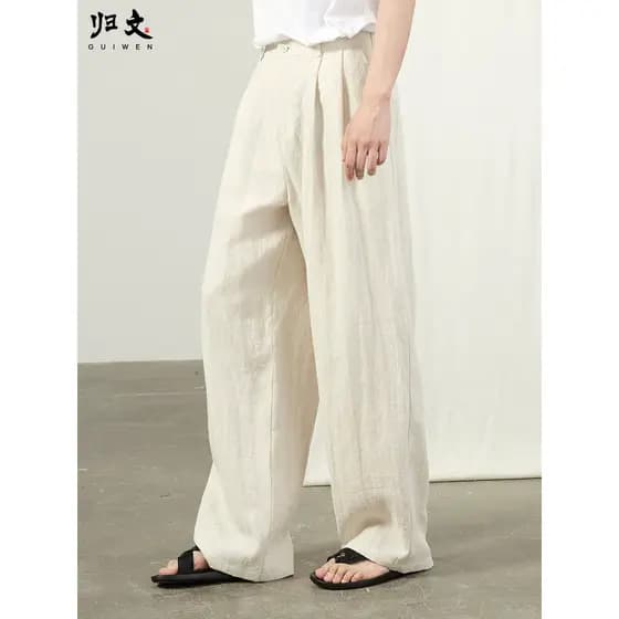 Calças de linho puro dos homens verão estilo fino calças soltas Drape calças de seda gelo primavera verão estilo chinês