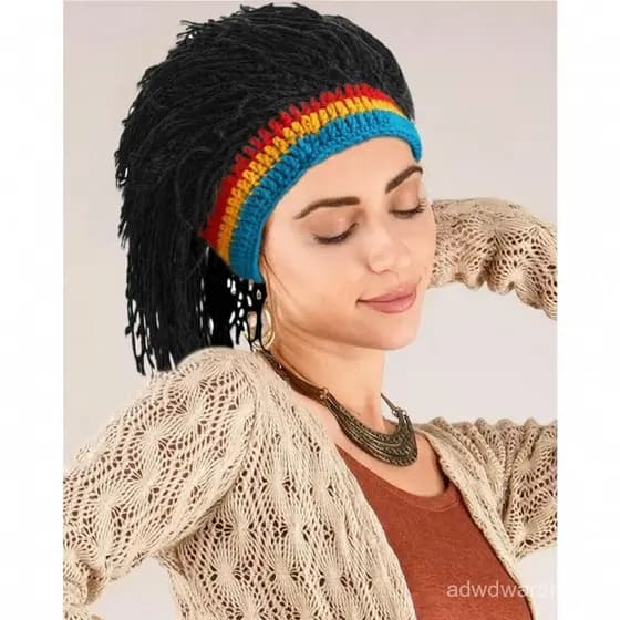 Gorro de malha masculino com peruca, adequado para festas à fantasia, gorro bordado.