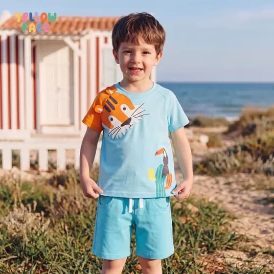 Estilo europeu americano menino terno verão novo estilo em torno do pescoço manga curta 2 peças terno bonito tigre impre