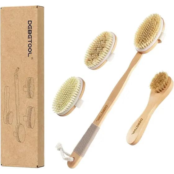 Conjunto de Escovas para Esfoliação a Seco - Escova de Cerdas de Javali para Corpo e Rosto, Escova de Esfoliação com Cab