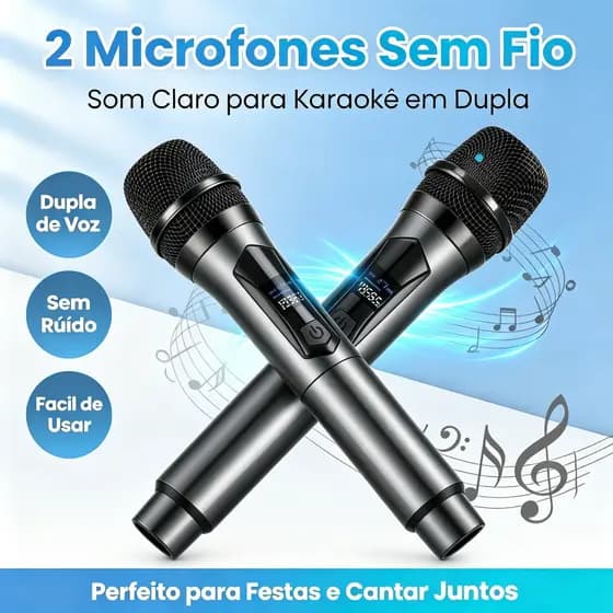 Microfone Sem Fio Duplo Profissional, Microfone de Mão Karaokê para Festa, Casa, Igrejas e Apresentações