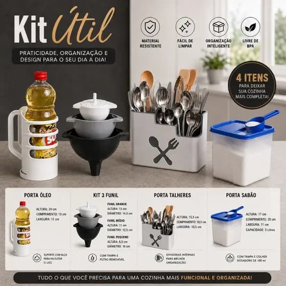 Kit 4 Itens Casa Cozinha Organizada Porta Talher Porta Óleo Kit Funil Porta Sabão Moderno Luxo