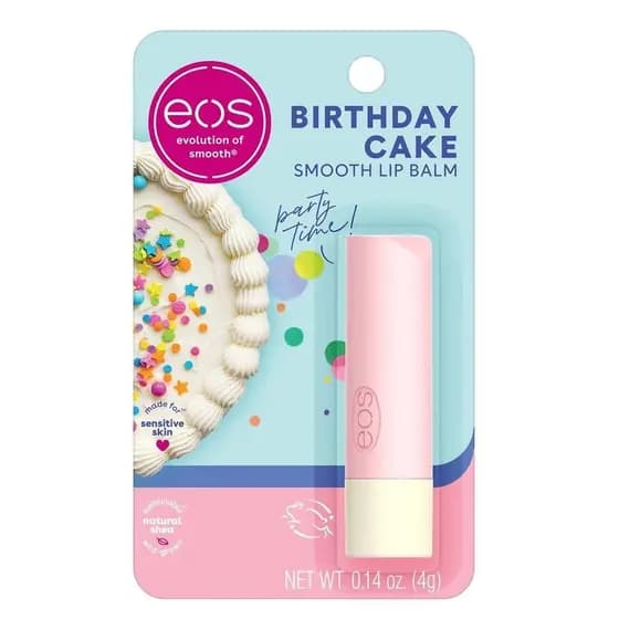 eosSheaLipBalm - Sabor Bolo de Aniversário, hidratação durante todo o dia, manteiga de karité, cuidado para lábios secos