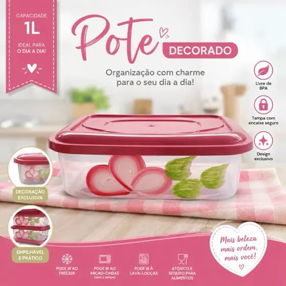 Kit 5 Potes Decorados Flor Encanto 1L Com Tampa Encaixe Seguro