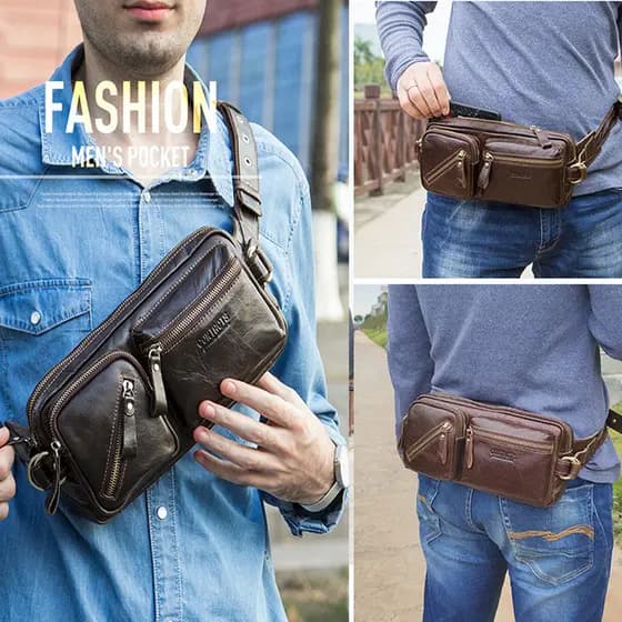 Black Angel - Fornecimento Direto de Fábrica: Bolsa de Cintura Multifuncional Masculina em Couro de Primeira Camada, Bol