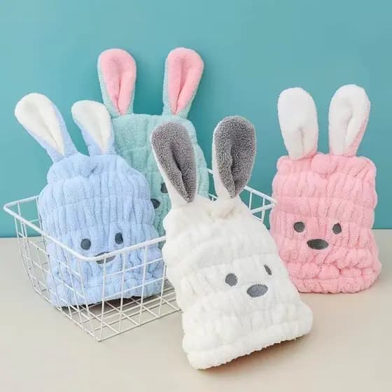 Chapéu De Cabelo Seco Infantil Bonito Dos Desenhos Animados Coelho Touca De Banho coral Saco Turbante Elástico Toalha/❥