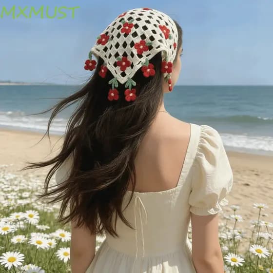 MXMUST Tiara De Flores De Malha , Turbante Triangular Francês Pastoral , Bandana De Flor De Crochê Floral