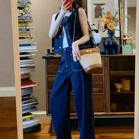 Colete sem mangas calças de perna larga Denim terno de duas peças feminino alto verão em torno do pescoço colete calças