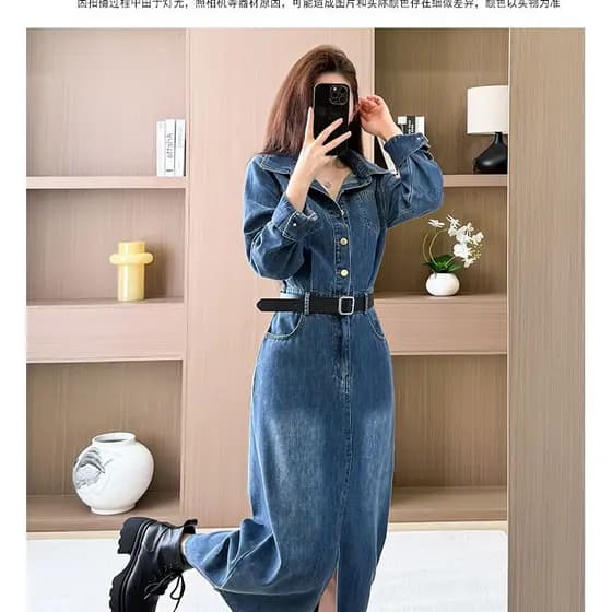 Gradiente cor Split Denim vestido feminino comprimento médio início da primavera outono único Breasted Retro angustiado
