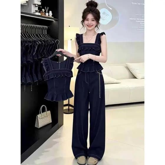 Babados topo calças de perna larga Denim terno de duas peças feminino verão alto fungo borda colete calças compridas ter