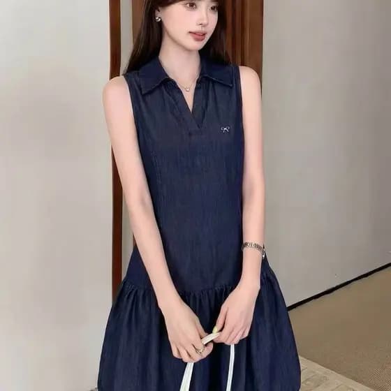 Cintura alta gola Polo sem mangas Denim vestido inchado feminino pequeno verão cintura estreita A linha Bud saia curta n