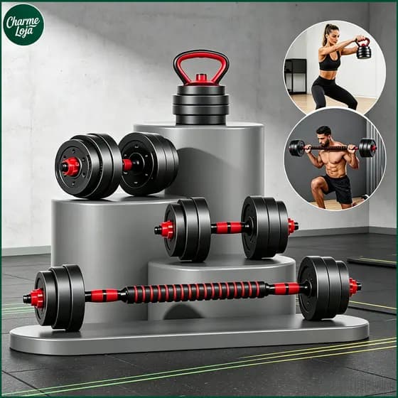 Kit Treino Funcional Musculação 10/15/20/kg Kettlebell Barra Halteres Anilhas Supino Peso Ajustável